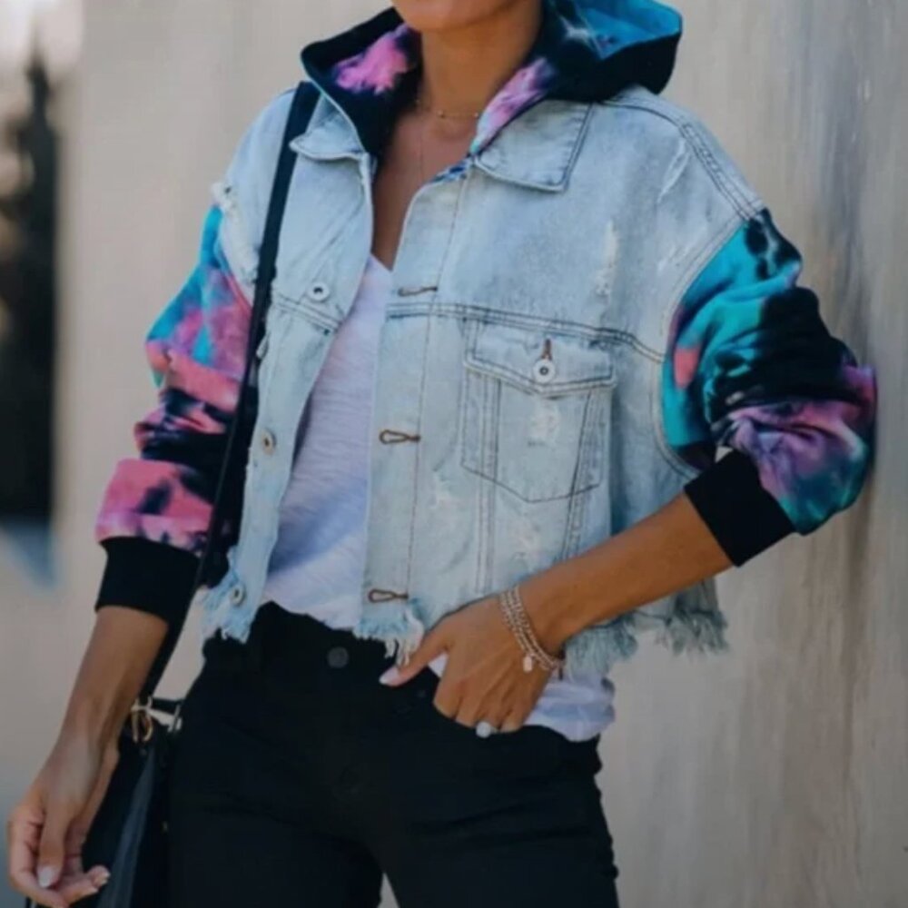 Denim Tie-Dye Removable Hooded Jacket NEVER WORN